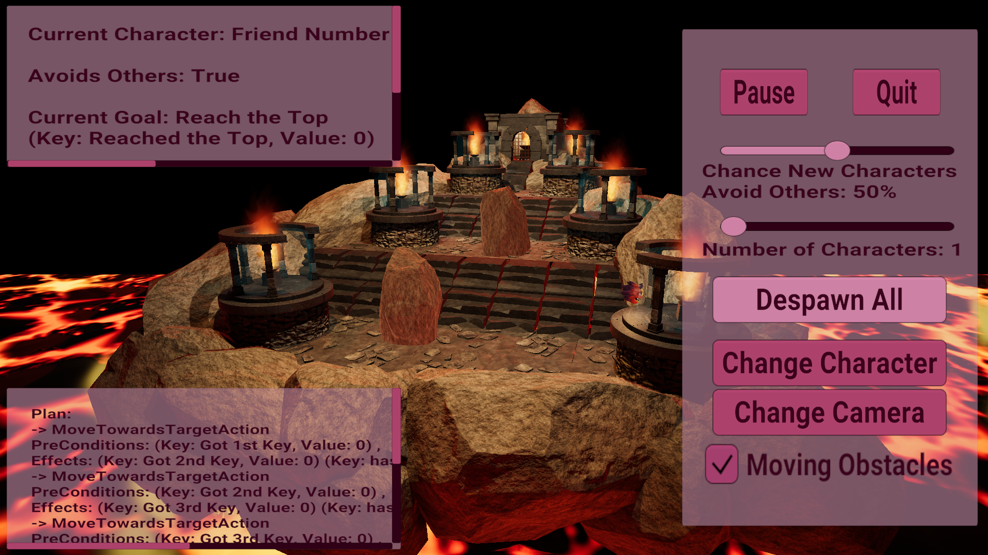 Screenshot of Monarchs of the Mountain. This has a 3D play space (with a HUD in front of it) with four levels surrounded by rocks arranged to look like a mountain island floating over lava. It is dramatically lit in warm colors. There is fire on top of raised platforms on the sides of the first three levels and showing through a walled off section on the highest level. There is a large floating rock in the middle of each of the lower two levels. There is also a fire monster character leaping towards the fire on the raised platform at the right of the lowest level. In the upper and lower right hand corners of the HUD are scrollable sections with information about the current character and the current character’s plan, respectively. The left of the HUD has various controls for changing the view, what characters are spawned/despawned, the presence of moving obstacles, and pausing/quitting the game.